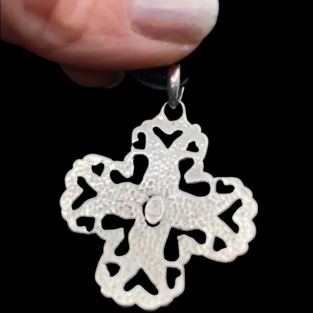 Vintage Premiere designs Filigree Silver Cross heart Necklace black fabric 18”